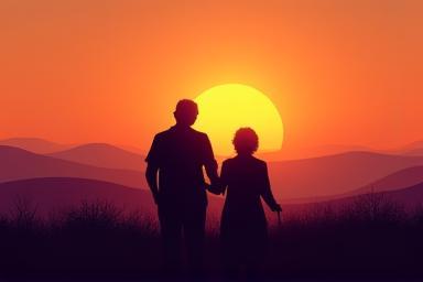 Illustration of an older person looking at a sunset